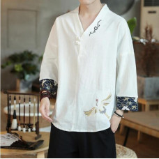 Men's Summer Chinese style Crane Embroidery T-shirt V Collar Splicing Tang Suit 