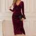 Women Dress Velvet V Neck Long Sleeve Ruched Bodycon Evening Cocktail Party Sexy