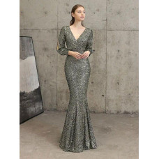 Sexy V Neck Evening Dress Long Formal Party Gown Sequin long Sleeve Vestidos