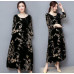 Retro Womens Floral Velvet Loose Long Sleeve Maxi Casual Dress Round neck Dress