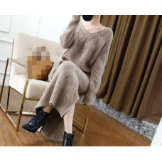 Womens Cashmere Blend Knitted Sweater Dress 2pcs Set Thick Side Slit Skirt Chic