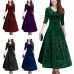 Women Elegant Exquisite Jacquard Swing Dress V Neck Long Sleeve High Waist Dress