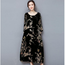 Retro Womens Floral Velvet Loose Long Sleeve Maxi Casual Dress Round neck Dress