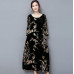 Retro Womens Floral Velvet Loose Long Sleeve Maxi Casual Dress Round neck Dress