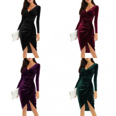 Women Dress Velvet V Neck Long Sleeve Ruched Bodycon Evening Cocktail Party Sexy