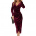 Women Dress Velvet V Neck Long Sleeve Ruched Bodycon Evening Cocktail Party Sexy