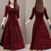 Women Elegant Exquisite Jacquard Swing Dress V Neck Long Sleeve High Waist Dress