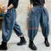 Womens Denim Harem Pants Loose Baggy Pockets Jeans Casual High Waist Trousers