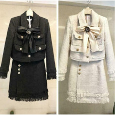2PC Suit Women's Dress Bowknot Tweed Wool Jacket Slim Fit  A Line Skirt Fashion