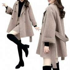 Fashion Women Faux Woolen 2Pcs OL Suit Double-breasted Loose Jacket Skirt Slim @